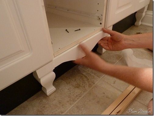 Accenting Kitchen Cabinets with decorative trim - decorative feet and furniture legs Vanity Skirt, Cabinet Update, Update Bathroom, Cabinet Legs, Vanity Cabinets, Builder Grade, Furniture Feet, Cabinet Styles, Kitchen Redo