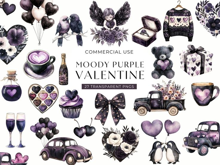 a collection of purple and black valentine's day items