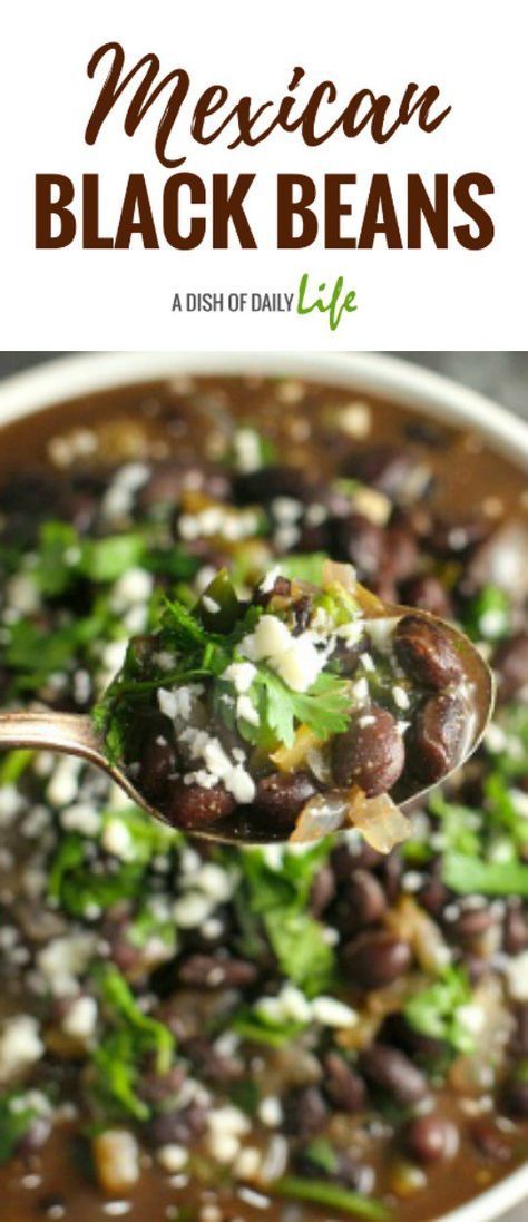 mexican black beans soup in a white bowl with a spoon full of it and text overlay