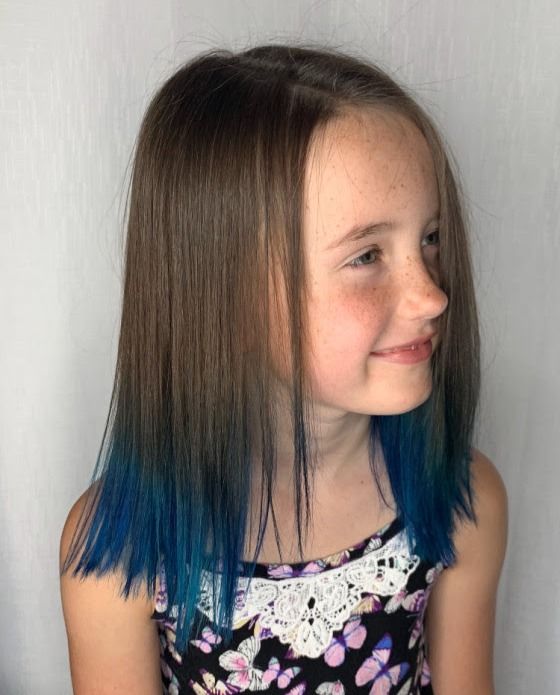 Kids Hair Color Ideas Girls Fun, Kids Dyed Hair, Kids Hair Color Ideas, Blue Hair Tips, Hair Color For Kids, Highlight Styles, Hair Dye For Kids, Blue Tips Hair, Kids Hair Color