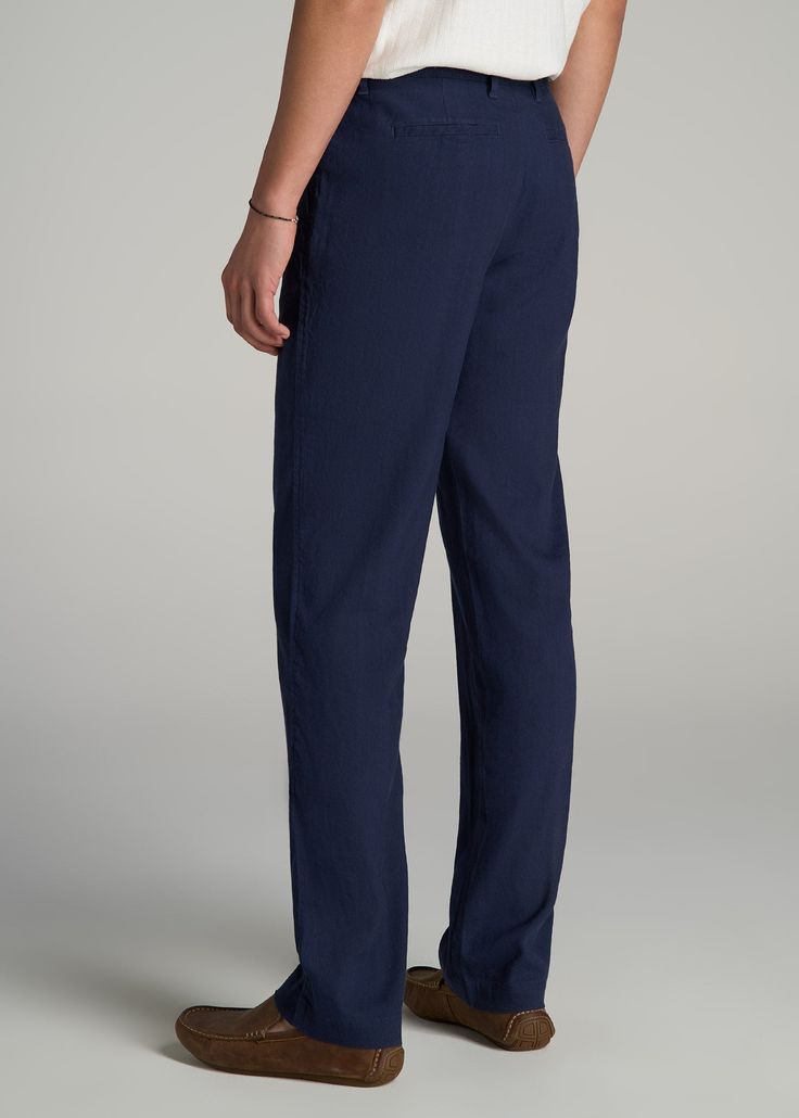 Feel Effortlessly Cool in Our Linen Men's Tall Pants Stay Comfortable in Style Our Garment Dyed Linen Casual Pants are a testament to effortless style and comfort for the taller man. Made from a breathable linen blend, these slacks for tall men offer a relaxed fit and a stretch waistband for all-day ease. The straight-leg cut and mid-rise design enhance your tall stature, while the garment dye adds a rich, unique color that elevates any outfit. Whether you're heading to the office or out for the