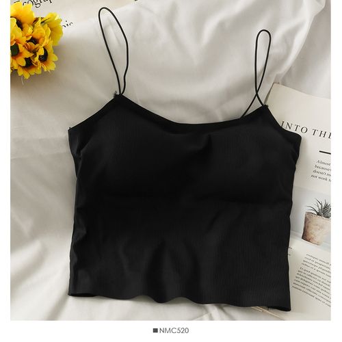 Sexy Spaghetti Strap Tanke Top Women Built In Bra Off Shoulder Solid Color Crop Tops Sleeveless Omighty Slim Fit Camisole Hot