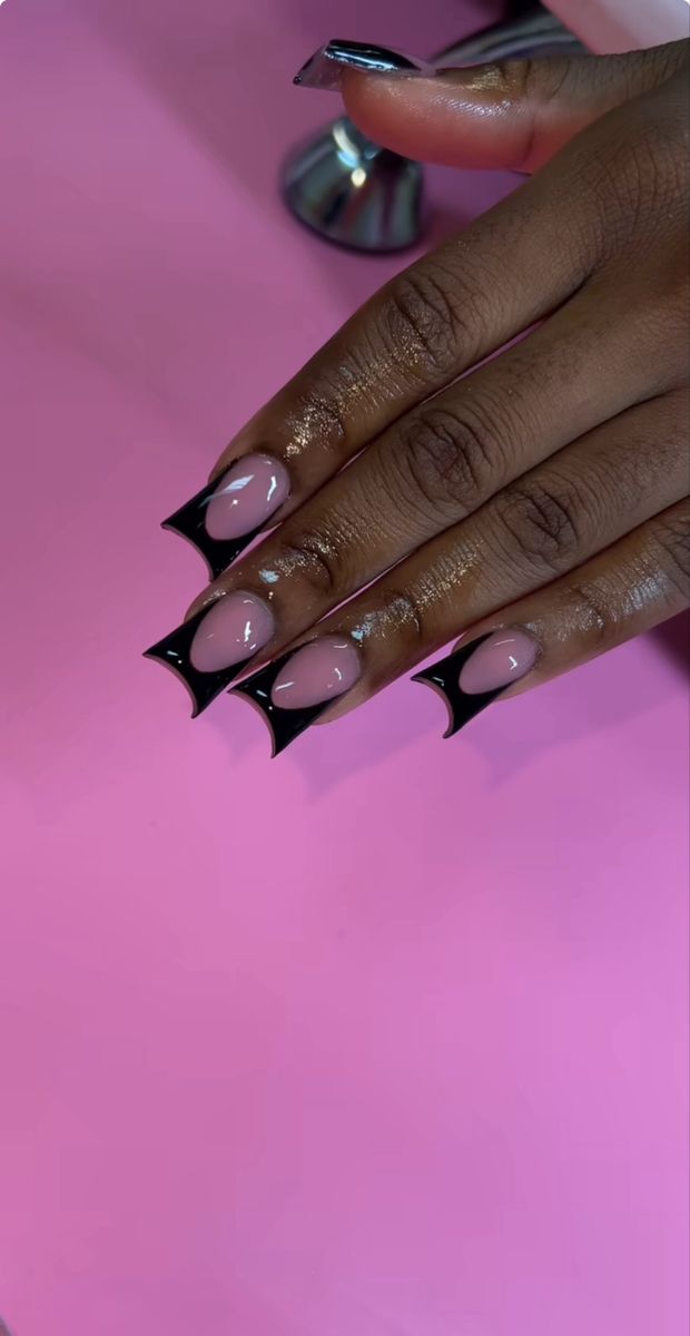 Black Metallic French Nails, Duck Nails Black French, Black Nail Designs Red Bottoms, Plain Black French Tip Nails, Black French Tip Black Women, Sweet 16 Nails Black, Black Duckies Nails, Short Square Cow Print Nails, Duck Nail Designs Black