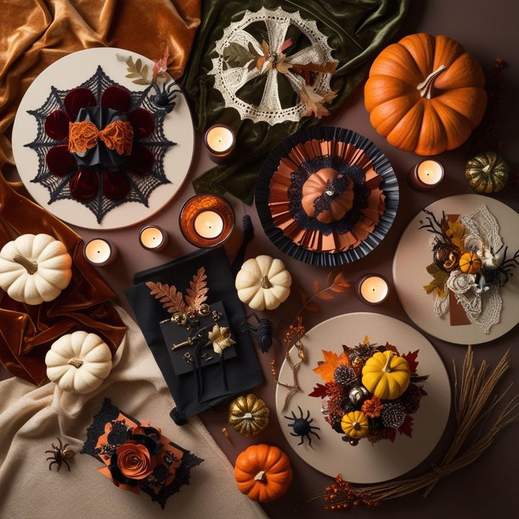 a table topped with plates covered in fall decorations