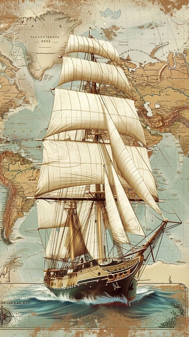 an old map with a sailing ship in the ocean and world on it's side