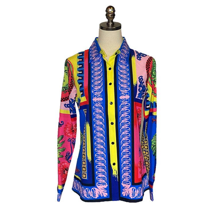 New Lai Meng Five Cats Bold Print Colorful Blouse Ladies . This Blouse Is Brand New And In Perfect Condition. The Tag Says Us L But It Is Clearly Not A L. It Is Shown On A Size 6 Mannequin And Fits Very Nicely. I Am Labeling It As A Size 6 But Please See Measurement Photos To Assure Fit. Multicolor Stretch Long Sleeve Blouse, Fitted Multicolor Vibrant Print Shirt, Fitted Multicolor Shirt With Vibrant Print, Casual Fitted Colorful Blouse, Colorful Fitted Casual Blouse, Trendy Pink Blouse With Colorful Pattern, Fitted Multicolor Tops With Colorful Pattern, Colorful Fitted Long Sleeve Tops, Trendy Fitted Patterned Blouse