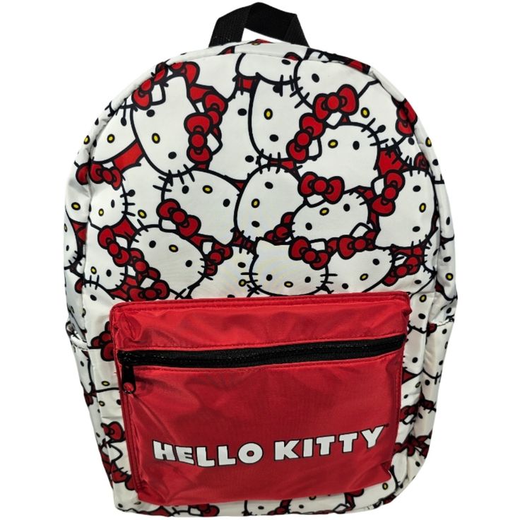 a hello kitty backpack with the word hello kitty on it's front and side pockets