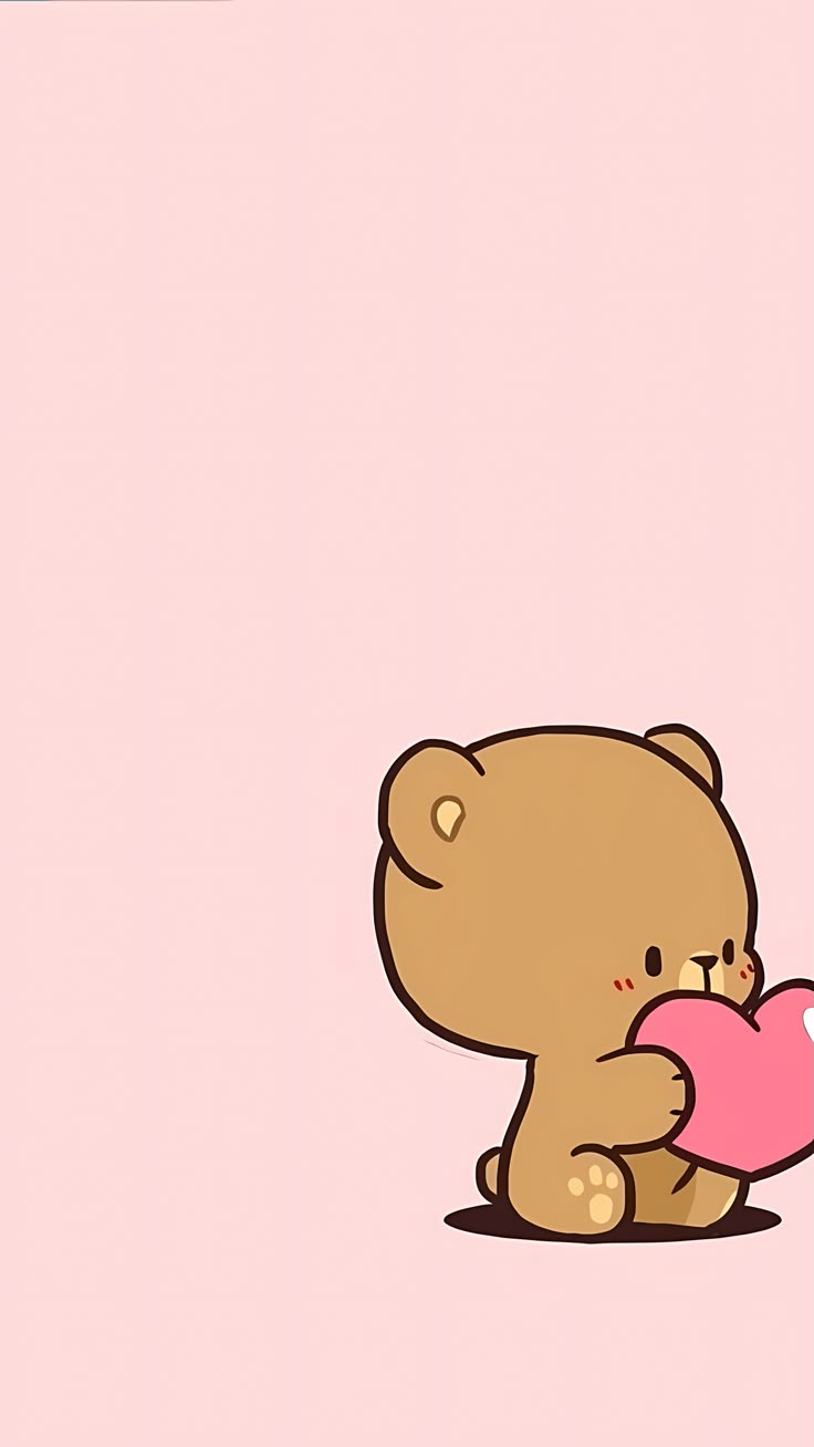 a brown teddy bear holding a pink heart on a pink background with the word love written below it