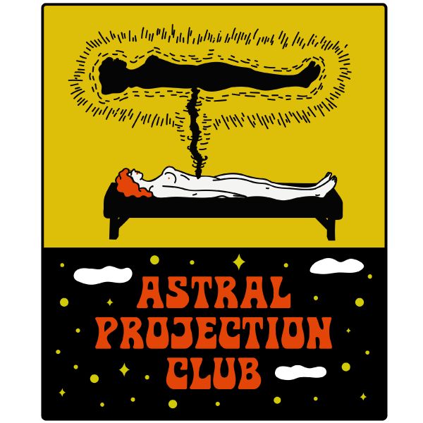 A white t-shirt with a graphic of a woman laying in bed, with a shadow of her body floating above her, with text that reads Astral Projection Club Satanic Shirt, Conscious Mind, Gothic Shop, Deal With The Devil, Astral Projection, Cream Shirt, Occult Art, The Occult, Ghost Shirt