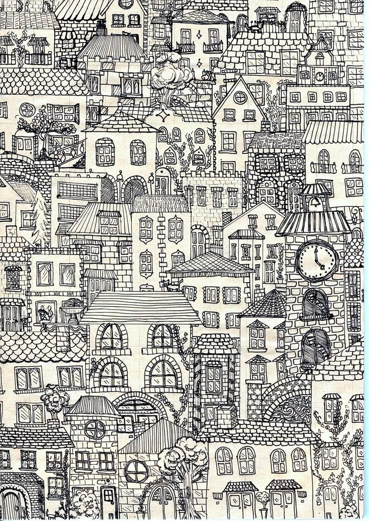 a black and white drawing of many buildings