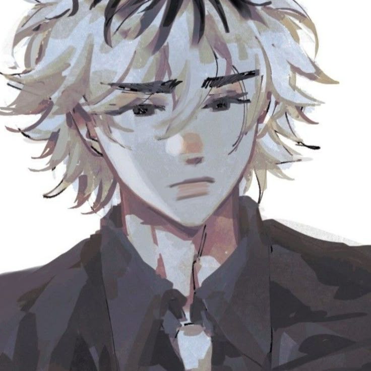 an anime character with white hair and black shirt looking to his left, while he is staring at the camera