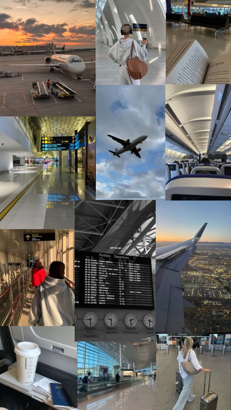 many different pictures are shown in this collage, including an airplane and the city