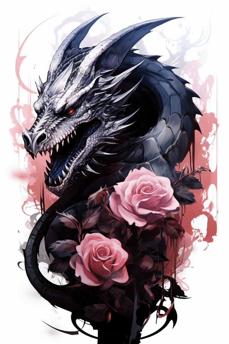 a drawing of a dragon with roses in its mouth