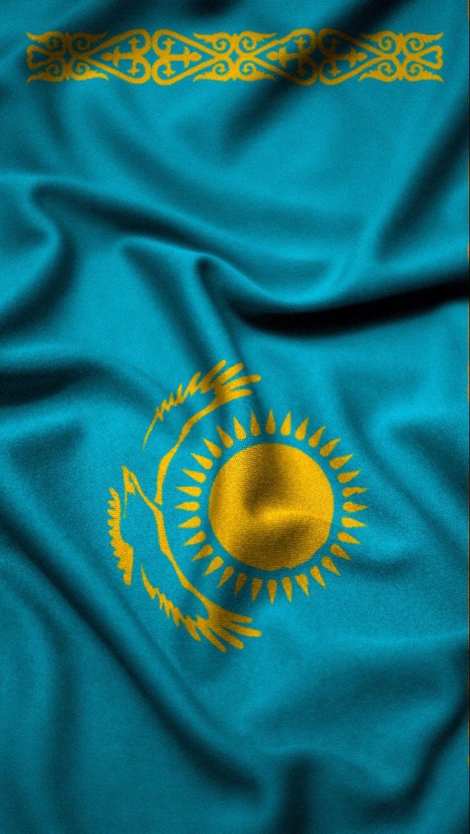 an image of the flag of the state of kazakhstan on a fabric textured with gold and blue