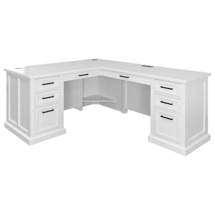 an office desk with two drawers on the top and one drawer at the bottom, in white