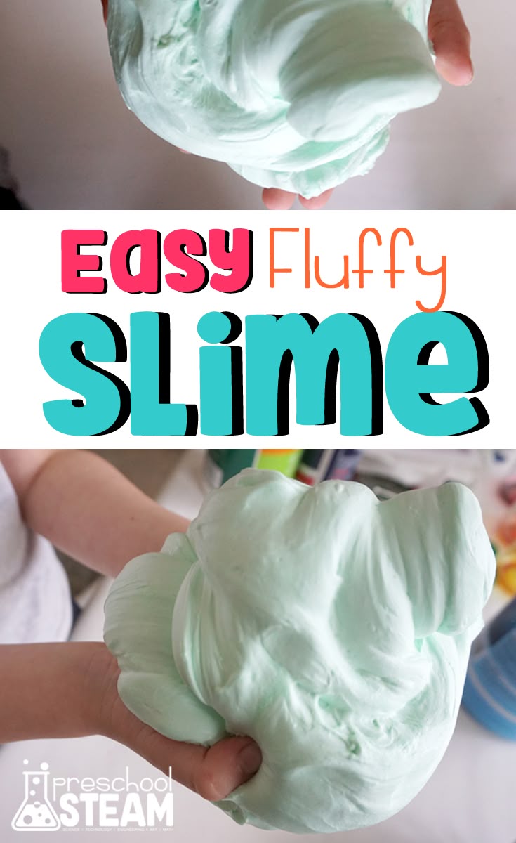 two images with the words easy fluffy slime on them and an image of a