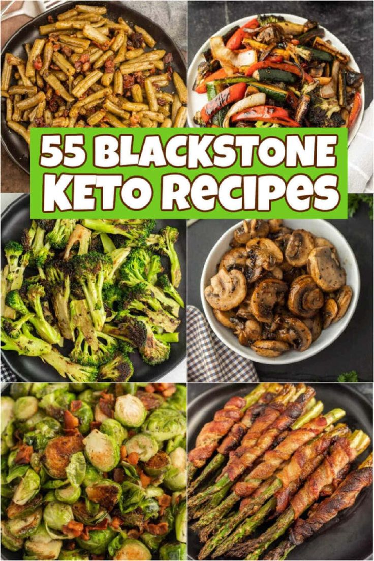 the cover of five black stone keto recipes with images of different vegetables and meats