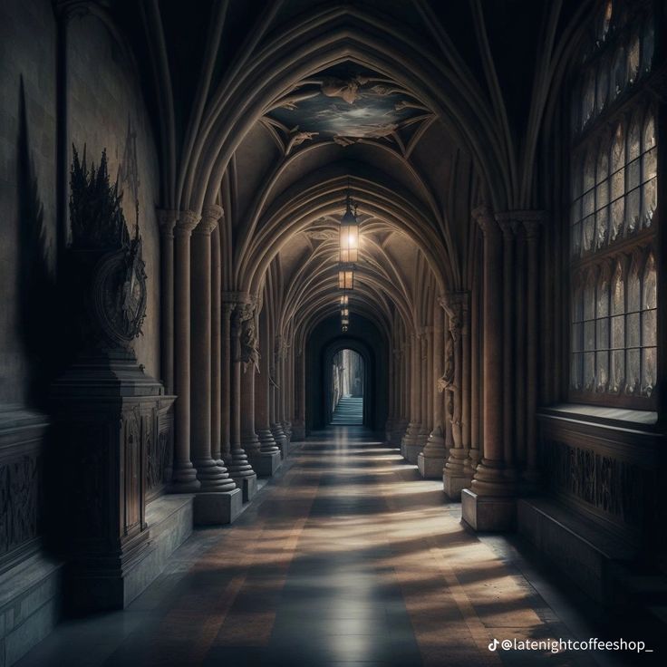 an empty hallway with columns and light coming through the windows