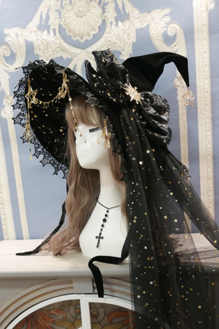 Starry Sky Of Polar Night 5 Colors Witch Hat Black Witchy Hat With Curved Brim, Black Witchy Hat For Halloween, Spooky Black Costume Hat, Black Witchy Brimmed Hat, Black Brimmed Witchy Hat, Black Brimmed Hat For Halloween, Black Brimmed Halloween Hat, Black Witchy Brimmed Costume Hat, Witchy Black Brimmed Costume Hat