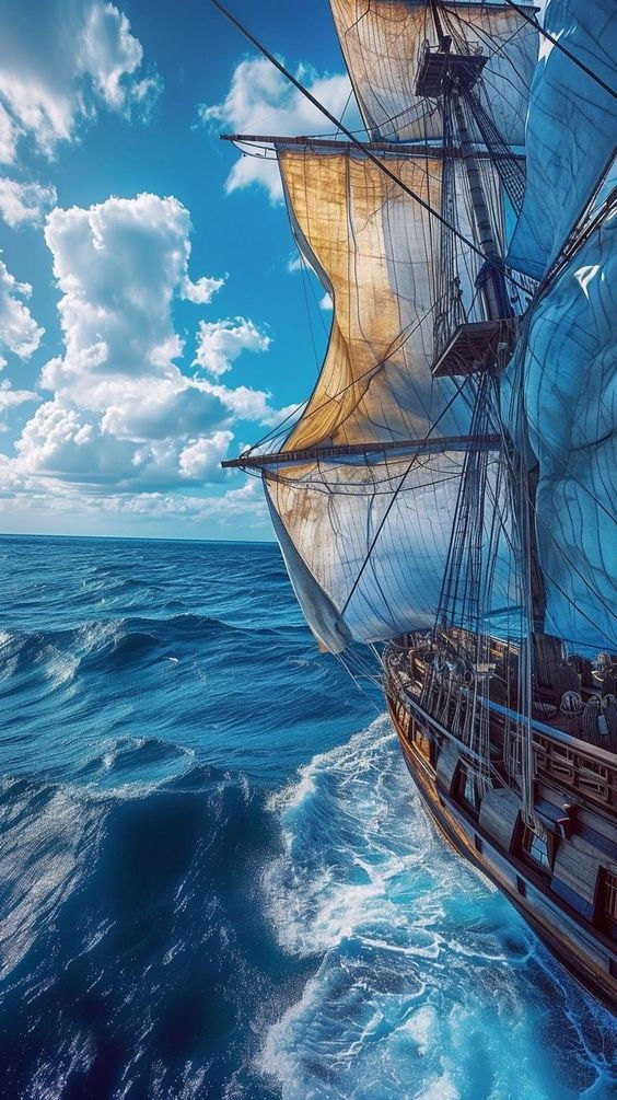 an image of a ship sailing in the ocean with blue sky and clouds above it