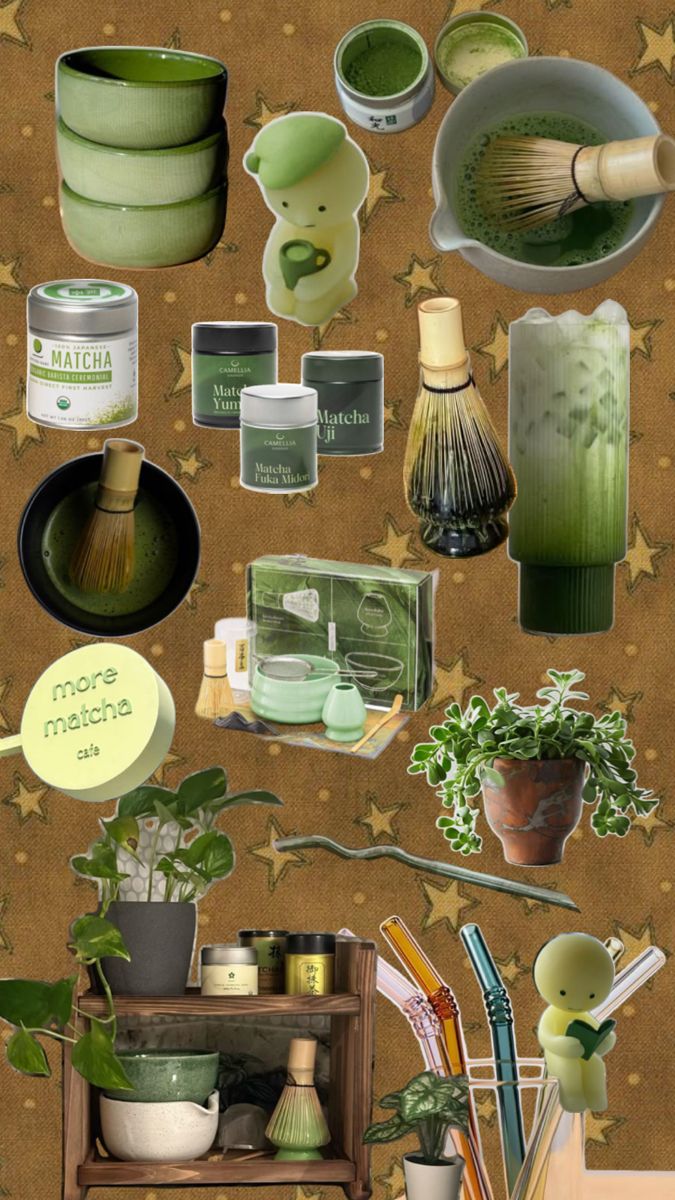 a collage of green items on a brown background