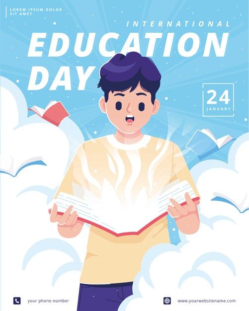 an illustration of a boy reading a book with clouds around him and the words international education day