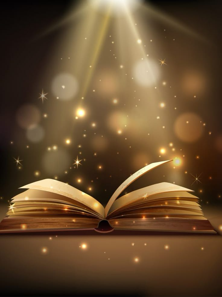 an open book with light coming out of it on a dark background and stars in the sky