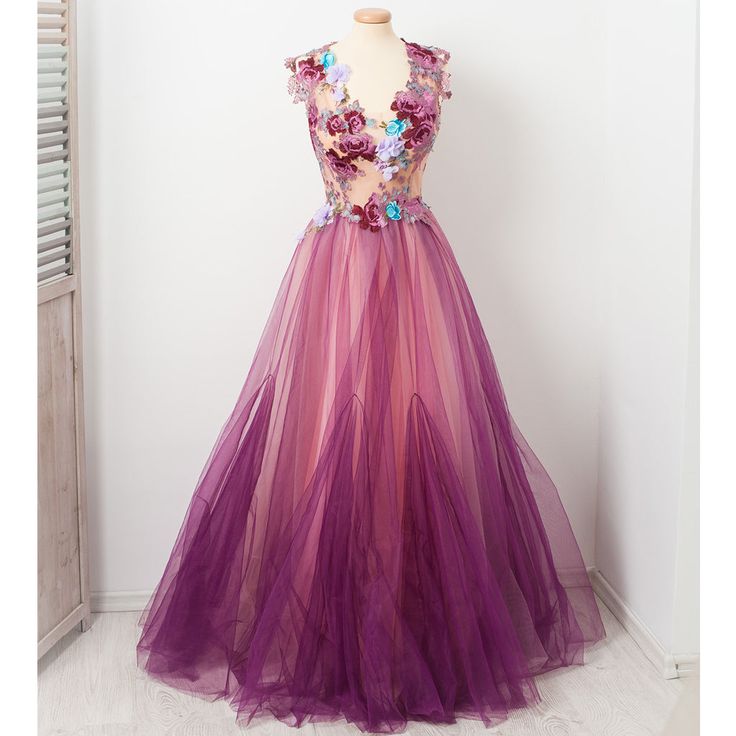 Purple Evening Dress With Fitted Bodice, Fitted Pink Gown With Illusion Neckline, Purple Organza Evening Dress With Fitted Bodice, Purple Tulle Dress For Gala, Purple Organza Ball Gown Dress, Fitted A-line Gown With Tulle Skirt, Purple Gala Dress With Corset Back, Purple Dress With Fitted Bodice For Debutante Ball, Purple Dress With Corset Back For Gala