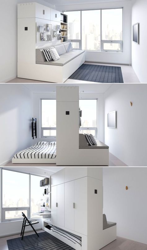 three different shots of a bedroom with white walls and flooring, including the bed