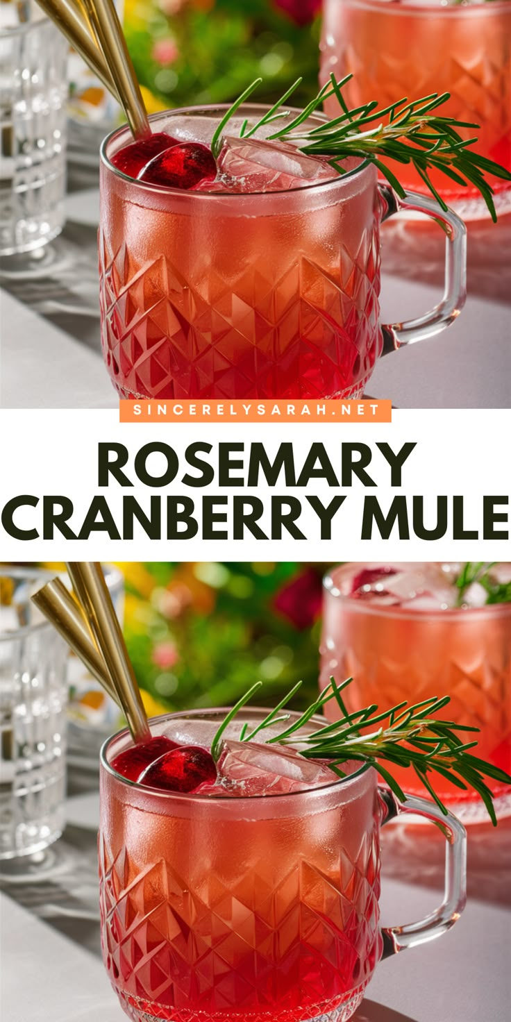 two glasses filled with cranberry mules and garnished with rosemary