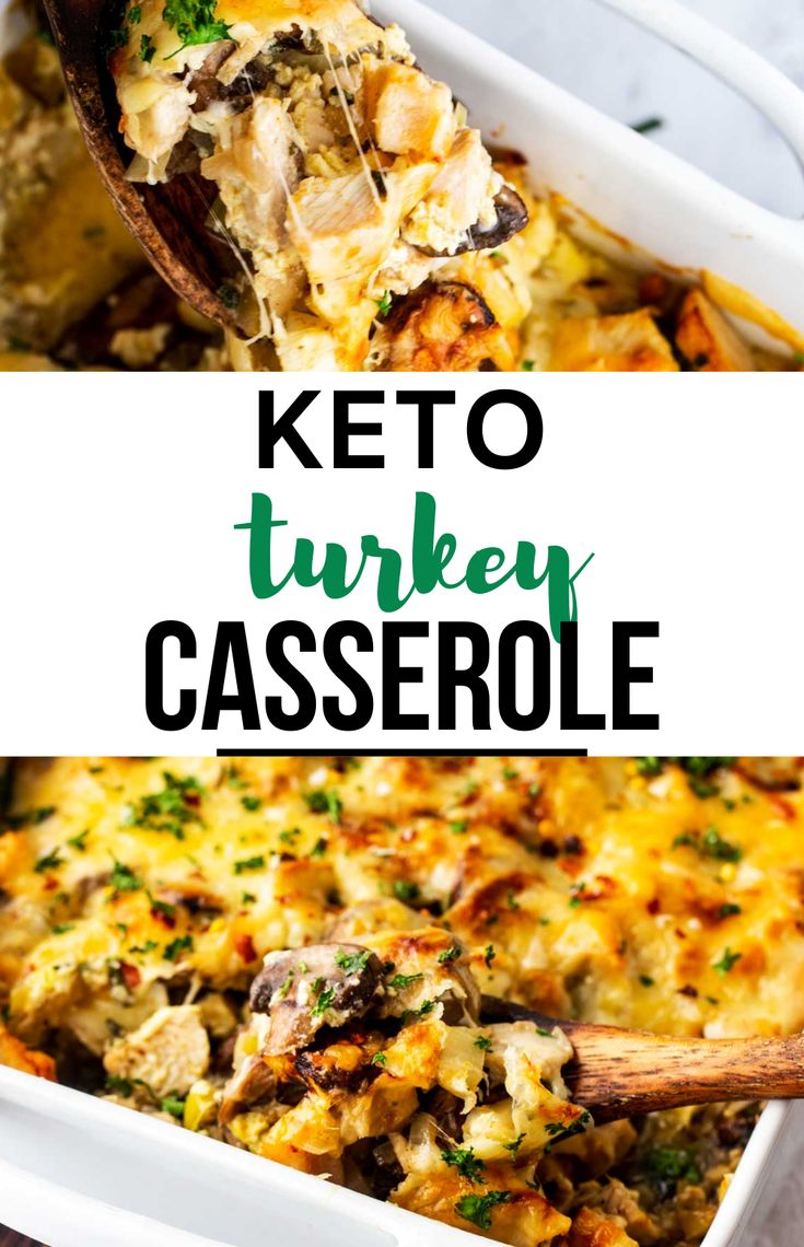 keto turkey casserole in a white dish with a wooden spoon