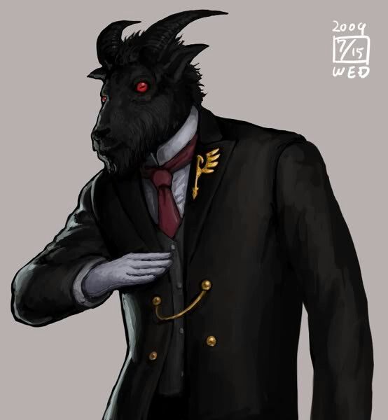 a drawing of a man in a suit with horns on his head and red eyes