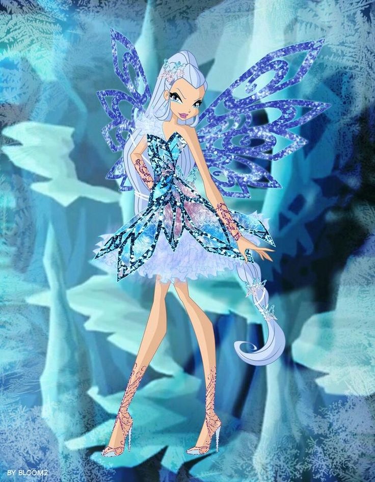 a fairy with blue hair and wings standing in front of an ice cave, holding a wand