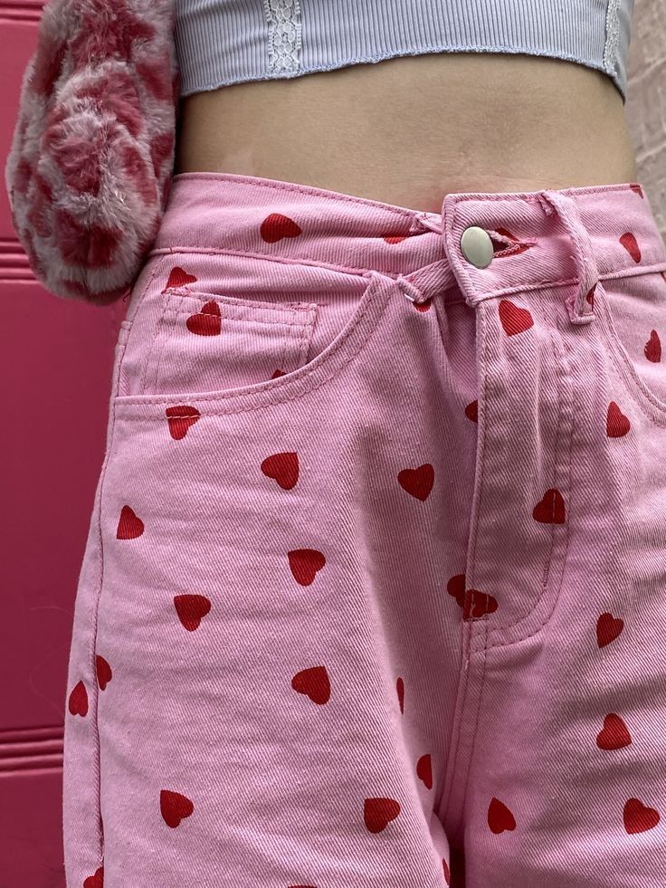 Pink Jeans With Hearts, Barbie Wardrobe Aesthetic, Red Heart Jeans, Pink Dress With Red Hearts, Heart Themed Outfits Aesthetic, Jeans With Hearts On Them, Pink Red Outfit Aesthetic, Lovecore Outfit Male, Valentine Day Outfits Aesthetic