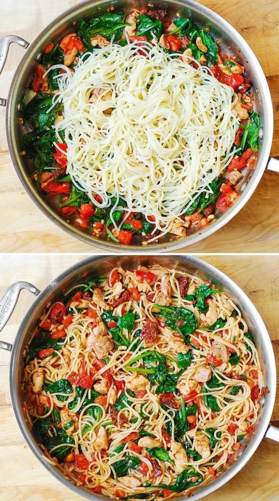 two pictures of spaghetti and vegetables being cooked in a skillet with the same amount of noodles