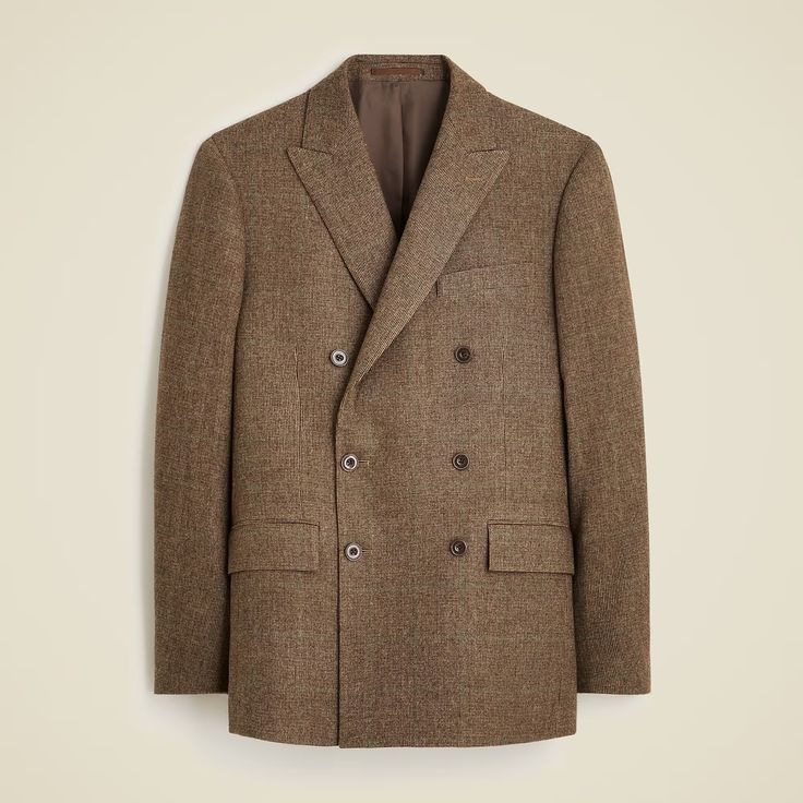 J.Crew: Kenmare Relaxed-fit Double-breasted Suit Jacket In Merino Wool For Men Tailored Double Breasted Wool Suit, Double-breasted Three-piece Suit For Winter Business, Brown Wool Double-breasted Blazer, Luxury Winter Double Breasted Suit, Brown Double-breasted Business Sport Coat, Double-breasted Brown Wool Sport Coat, Brown Double-breasted Sport Coat For Business, Business Wool Double Breasted Suit With Double Button Closure, Double-breasted Sport Coat With Pressed Crease For Fall