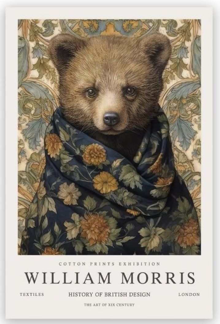 a brown bear wearing a blue scarf on top of a floral wallpaper covered in flowers