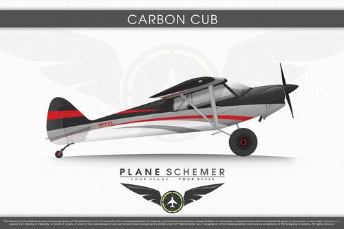 the plane is white and red with black stripes on it's wings, and has a logo that reads carbon cub