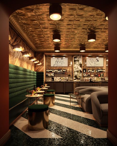 the interior of a bar with green and white striped flooring, two couches and tables