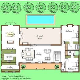 the floor plan for a house with swimming pool and outdoor living area, surrounded by trees