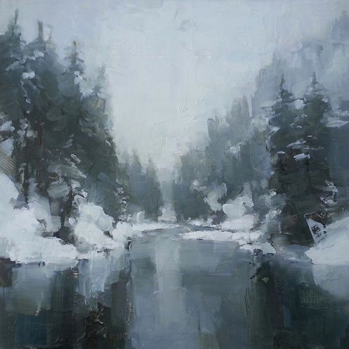 an oil painting of snow covered trees and water in the foreground, on a gray background