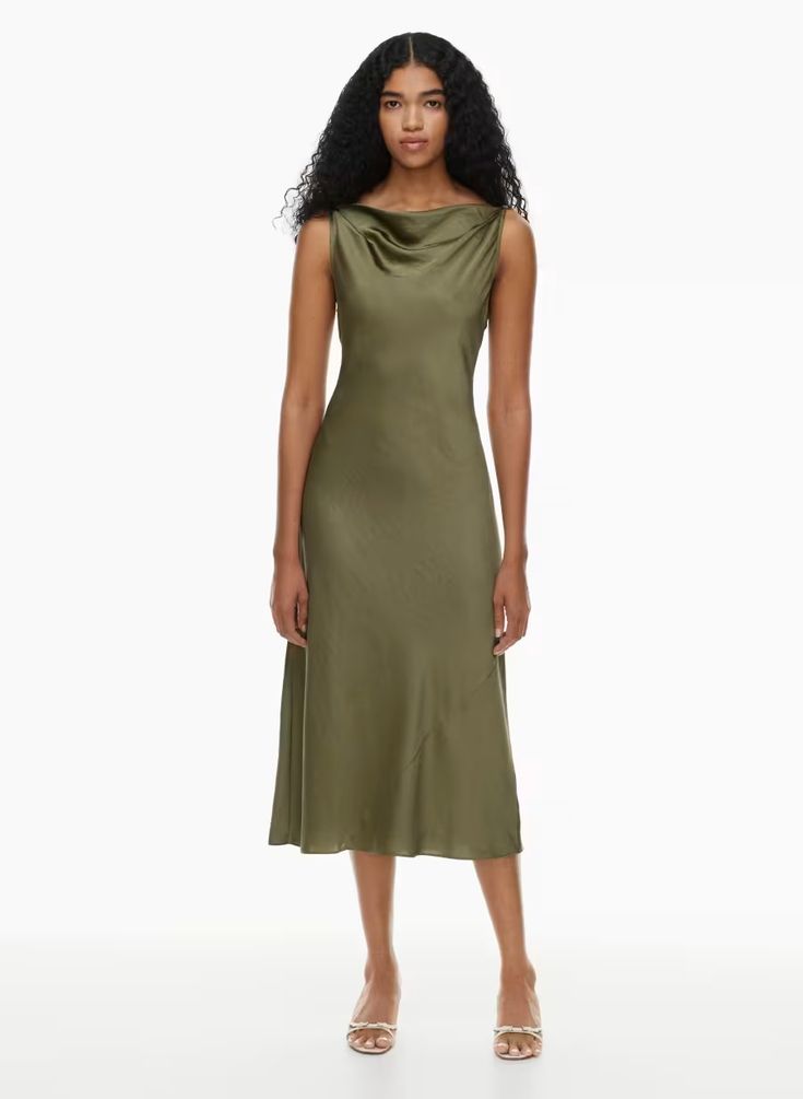 NEW GODDESS SATIN DRESS | Aritzia Western Cocktail Attire, Apricot Colour, Silk Long Dress, Glossier Look, Silk Dress Long, Aritzia Wilfred, Professional Dresses, Dress Satin, Gold Light