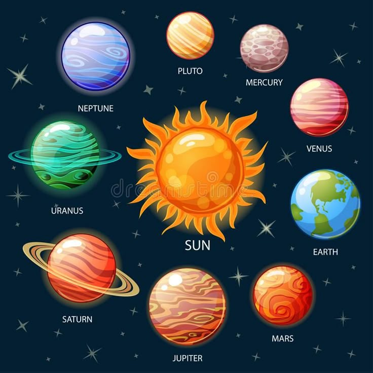 the solar system with eight planets and sun in space royalty illustration on dark background stock illustration