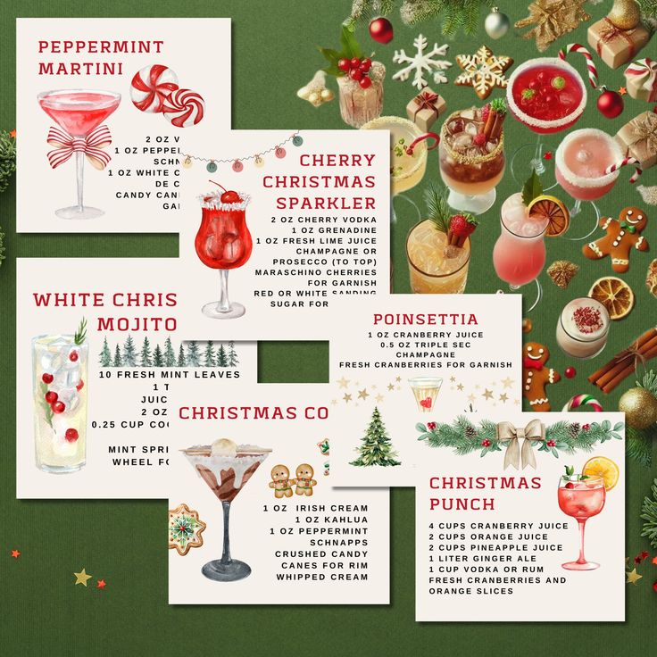 the christmas cocktail menu is displayed on a green background with red and white decorations around it