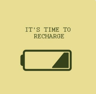 the text reads it's time to recharge on an image of a battery