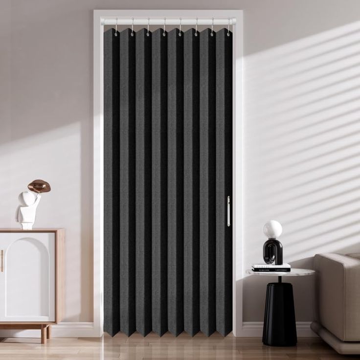 a black and white vertical blind in a living room