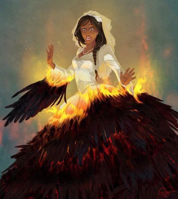 a painting of a woman in a wedding dress on fire