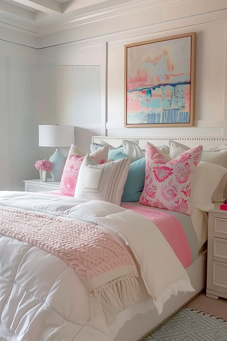 Minimalistic College Apartment, Minimalistic Preppy Bedroom, Preppy Bedding Blue, Love Shack Fancy Bedroom Ideas, Preppy Costal Rooms, Southern Preppy Bedroom, Light Pink Preppy Room, Preppy Coquette Room, Colorful Walls Bedroom