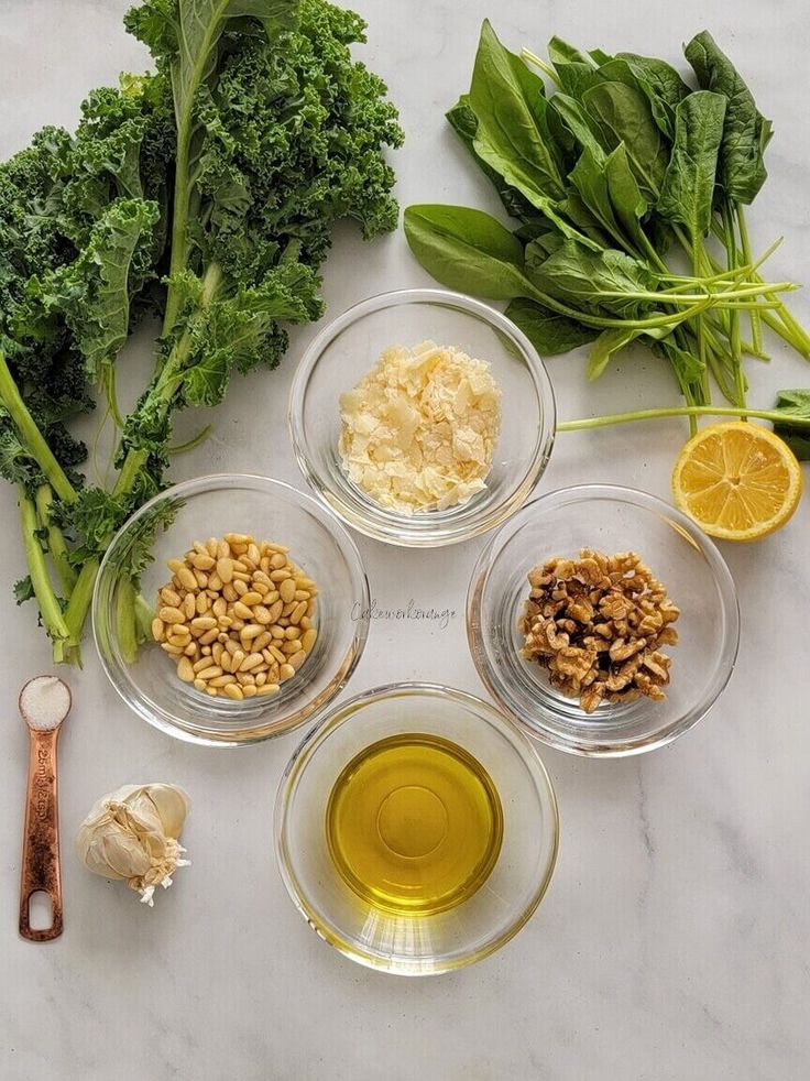 broccoli, nuts, and other ingredients are arranged on a marble surface