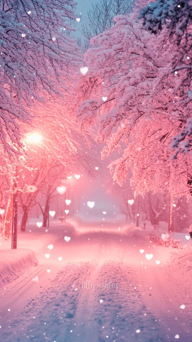 a snowy road with lots of trees and street lights in the snow at night time